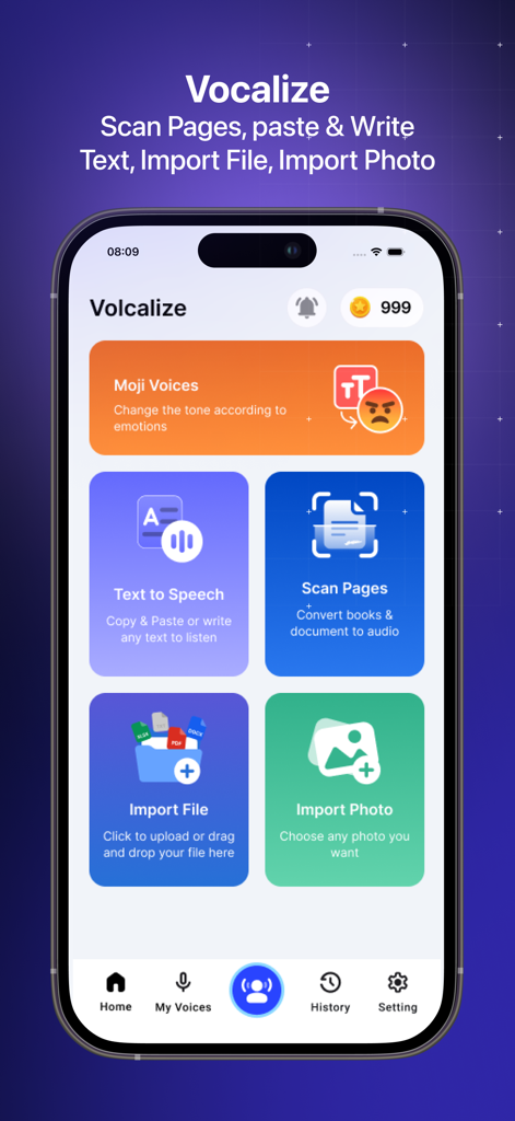 Text to Speech - AI Voices - La dashboard dell'app Text to Speech AI Voices che mostra funzionalità come Scansiona Pagine, Importa File e Sintesi Vocale