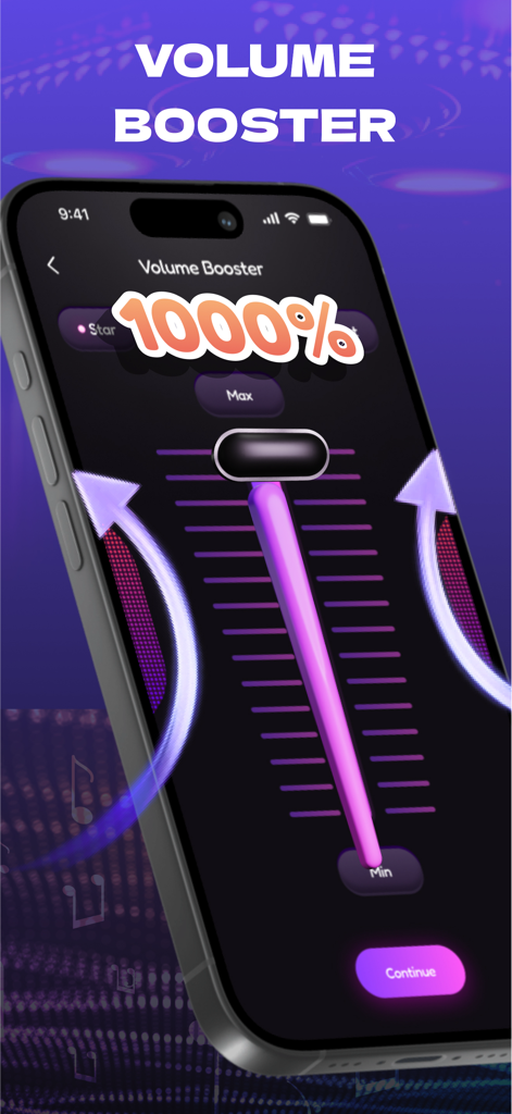 Louder Music: Ai Boom Booster - Smartphone interface of Louder Music app showing a volume booster at 1000 percent