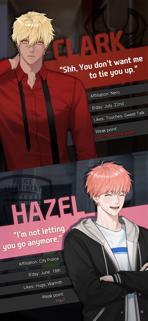 Tarjetas de perfil de personajes para Clark y Hazel del juego de historias BL Killing Kiss que presentan arte del personaje y rasgos de personalidad