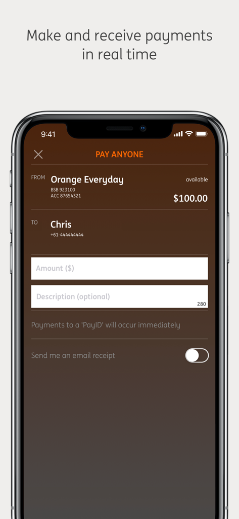 ING Australia mobile banking app Pay Anyone screen for instant payments