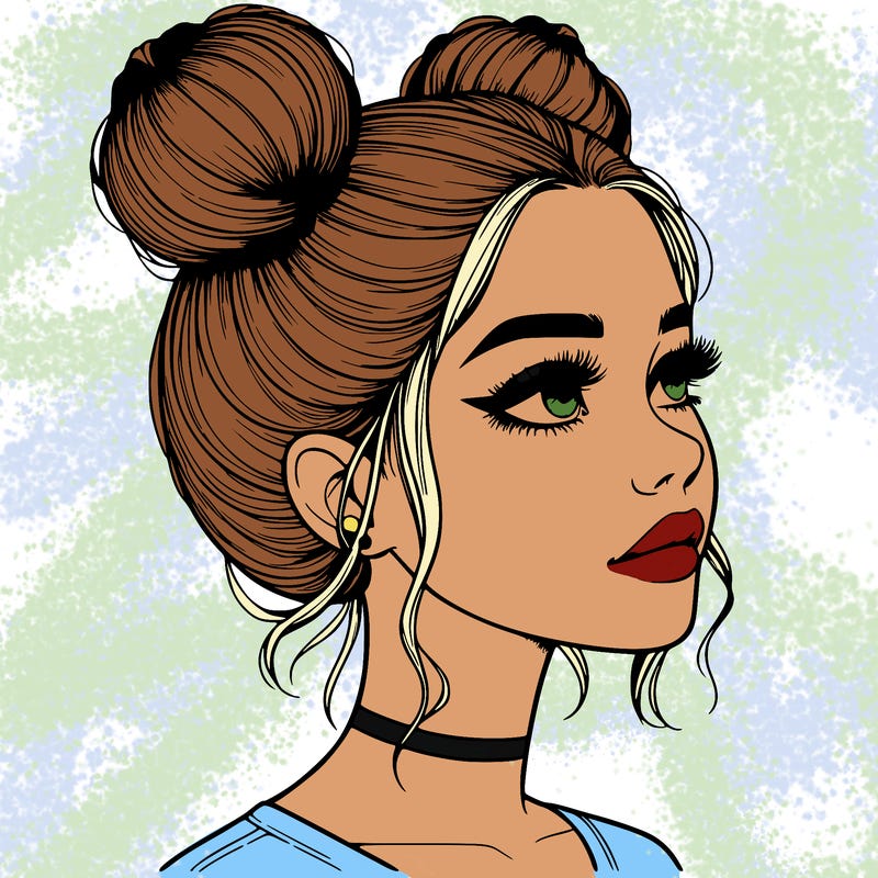 realistic girl with buns on the top of her head