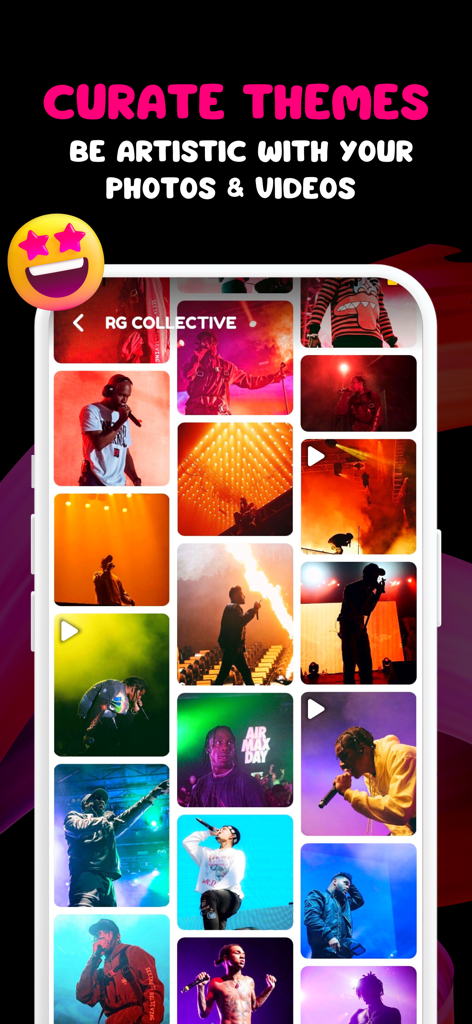 MoodStream app screen showing how to curate artistic photo and video themes in a grid layout