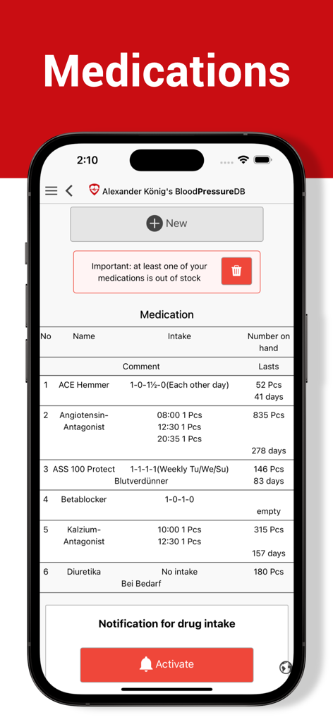 Blood Pressure DB - Log, Check - Medikamentenliste und Einnahmeplan in der Blutdruck DB App