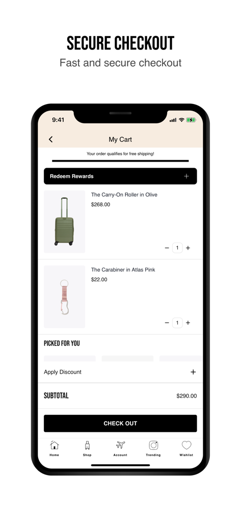 BÉIS - BÉIS mobile app interface showing products in a shopping cart with a secure checkout button