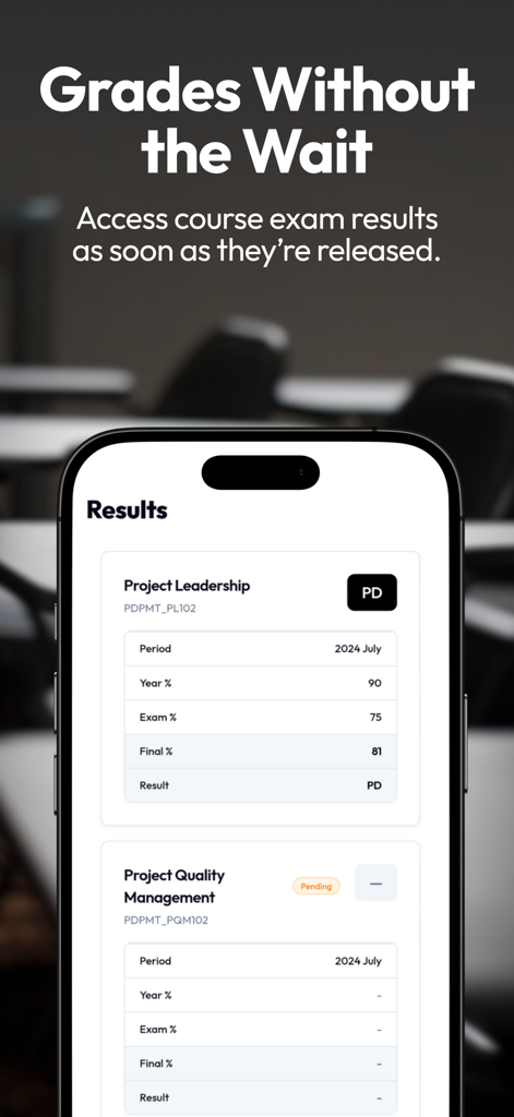 The myRegent app displaying academic grades and exam results on a mobile phone.