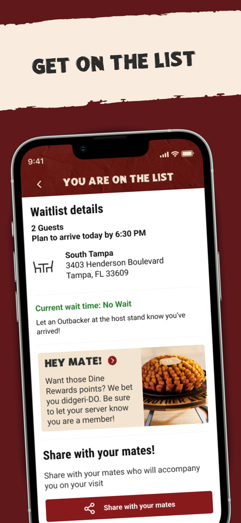 Outback Steakhouse mobile app screen showing waitlist details and restaurant location in Tampa