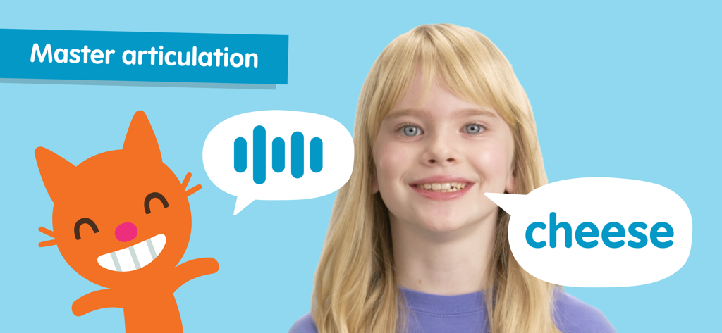 A young girl and a cartoon cat practicing speech articulation by saying the word cheese.