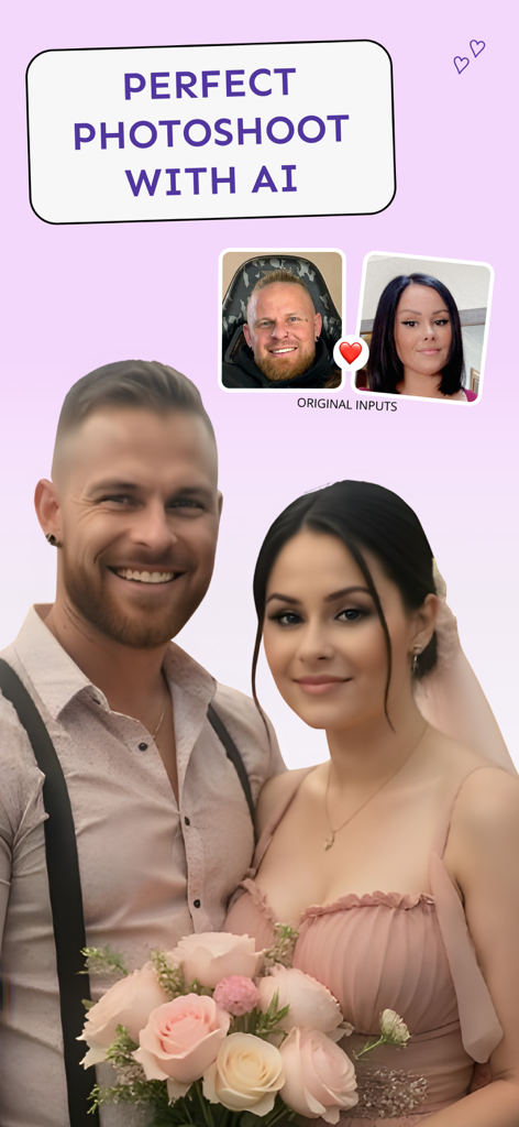 Couple AI - Photographer - Sesión de fotos de boda generada por IA a partir de selfies de pareja originales