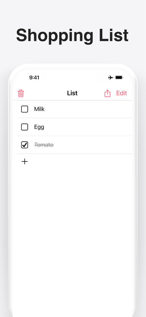 Interfaz de la aplicación Lista de Compras: Súper y Tareas mostrando una lista de verificación simple con leche y huevos