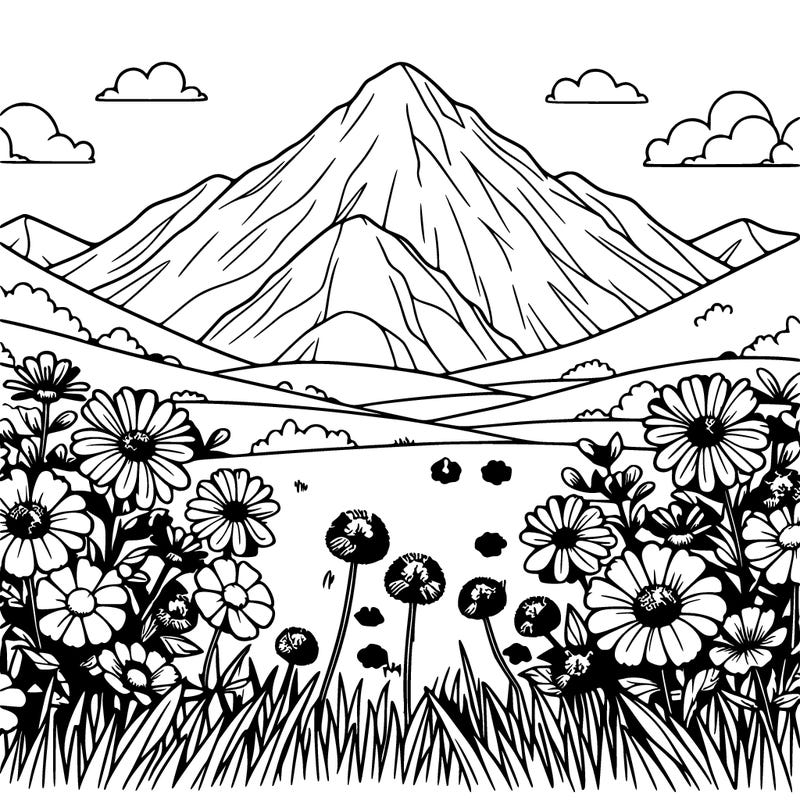 flower field with mountain’s realistic