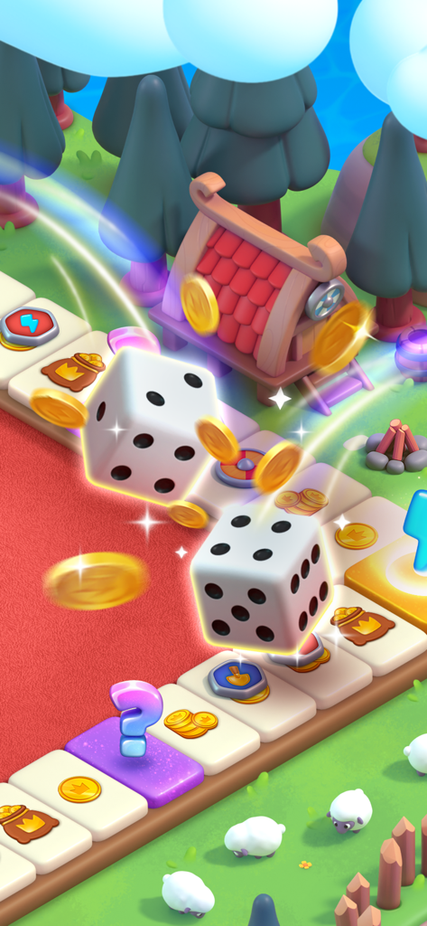Two white dice rolling on a colorful game board path with golden coins and cartoon landscape.