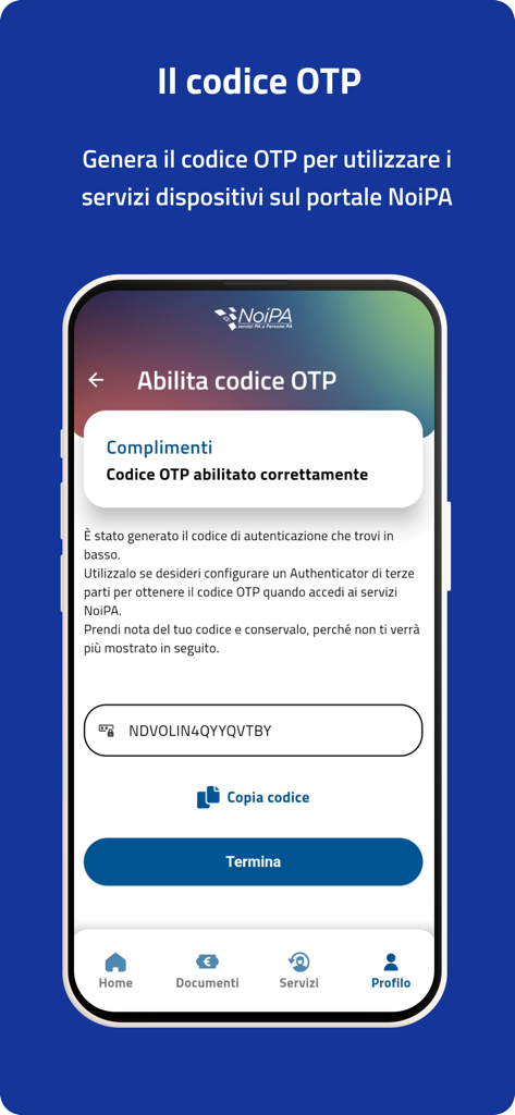NoiPA app screen displaying a generated OTP code for security