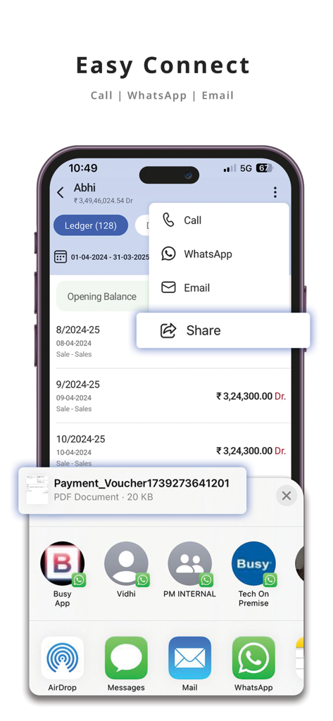 Busy: GST Billing & Accounting - Busy app interface showing options to share a payment voucher PDF via WhatsApp, Email, or Call.