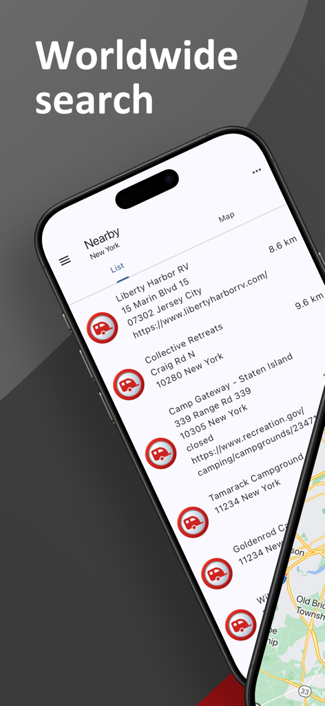 Campsite and Caravan Park - 뉴욕에 있는 주변 캠핑장 및 RV 파크 목록과 거리, 주소가 표시된 모바일 앱 스크린샷