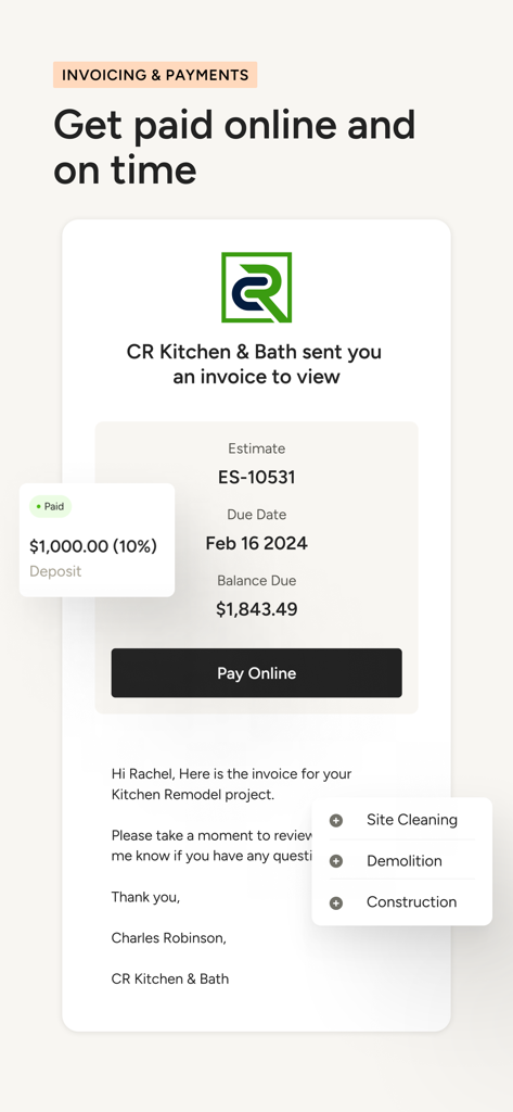 Houzz Pro mobile app screen showing a digital invoice for a kitchen remodel with a pay online button