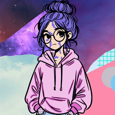 teen girl with a messy bun and glasses wearing a loose hoodie and jeans