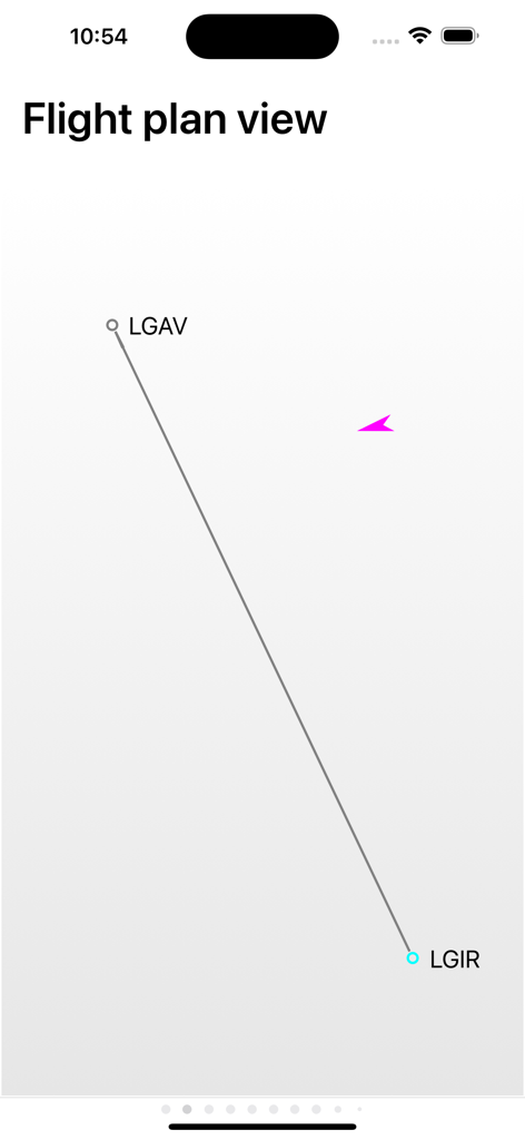 A-EFIS Black and White - Vista del plan de vuelo en la aplicación A-EFIS que muestra una ruta entre los aeropuertos LGAV y LGIR