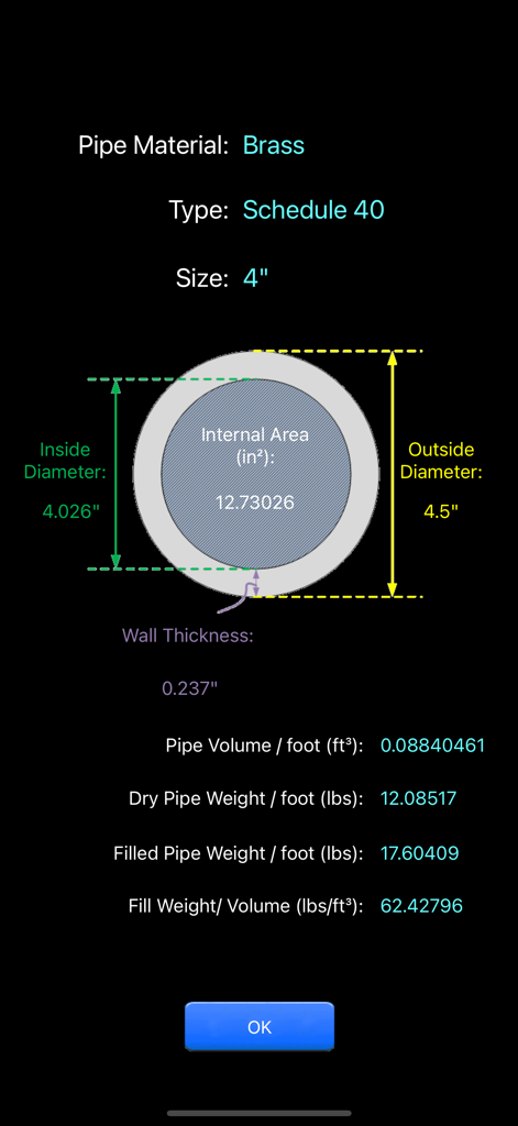 Pipe Calc Elite - Diagrama técnico y especificaciones para una tubería de latón mostrando el diámetro y el área interna