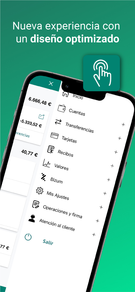 Smartphone exibindo o menu de navegação do aplicativo de mobile banking Eurocaja Rural com opções de contas e Bizum.