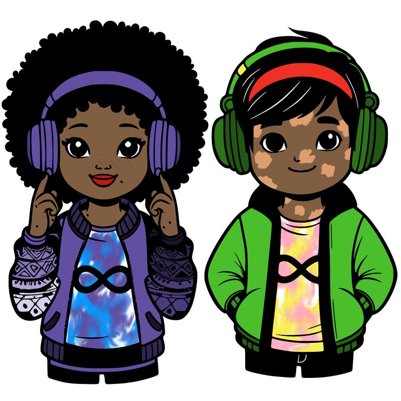 an afroamerican girl with headphones and a boy with headphones, they have an ♾️ symbol on their shirt
