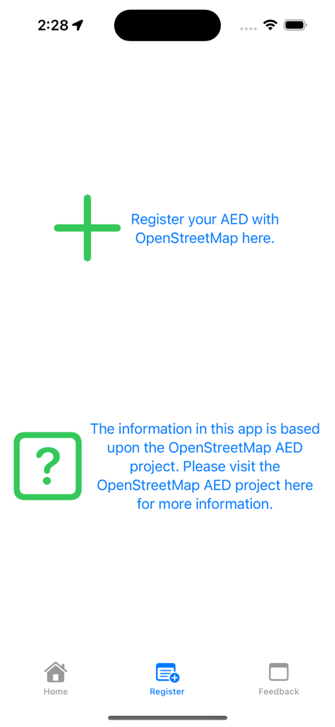 AED Finder app registration screen for adding new defibrillators to the OpenStreetMap database