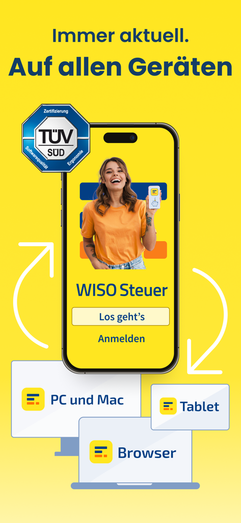 WISO Steuer - Steuererklärung - PC、Mac、タブレット、ブラウザ間のクロスデバイス同期を表示するWISO Steuerアプリのインターフェース