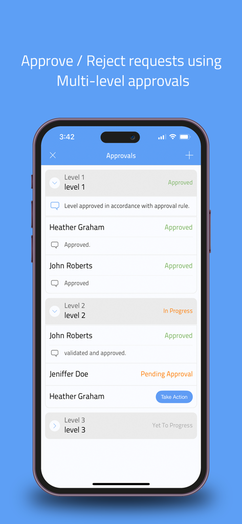 Multi-level approval interface in the ServiceDesk Plus MSP mobile app showing request statuses and technician names.