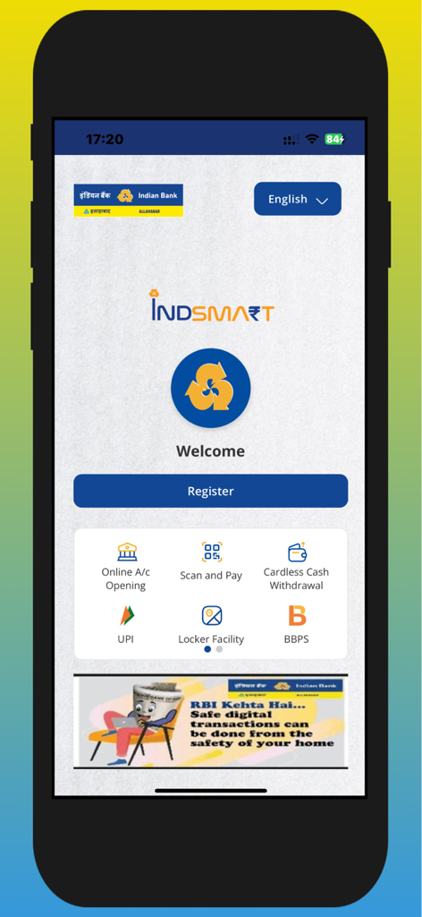 IndSMART IndianBank Mobile App - Schermata di benvenuto dell'app mobile IndSMART Indian Bank con pulsante di registrazione e icone di accesso rapido per UPI e BBPS.