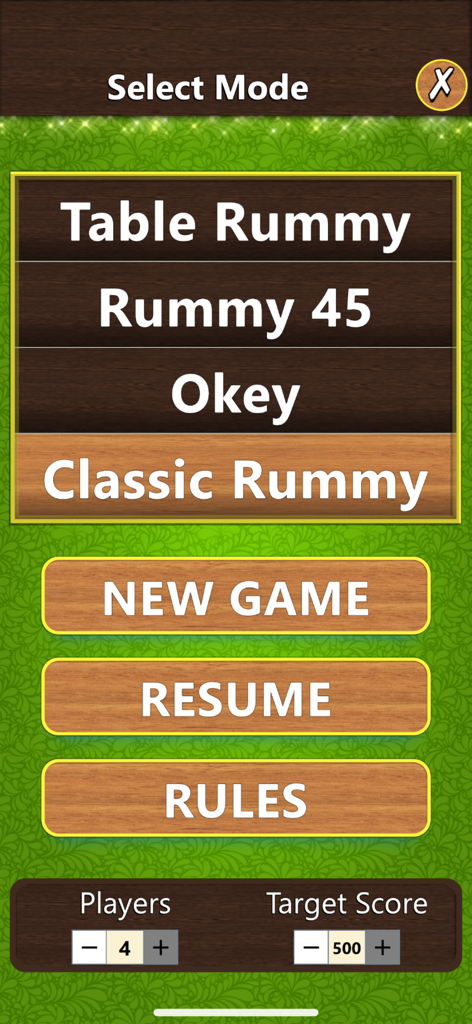 Rummy 4 in 1 Board Game - Game mode selection screen for Rummy 4 in 1 showing Classic Rummy, Okey, and Rummy 45 options.