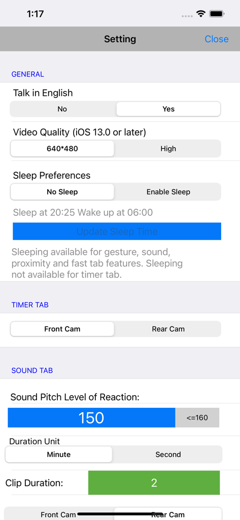 Auto Digital Video - Settings interface of the Auto Digital Video app showing sound activation levels and sleep timer configurations