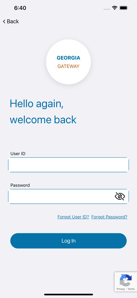 GA Gateway mobile app login screen featuring fields for User ID and Password with a blue login button