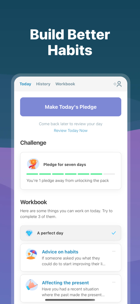 I Am Sober app interface featuring the daily pledge button and habit building workbook.