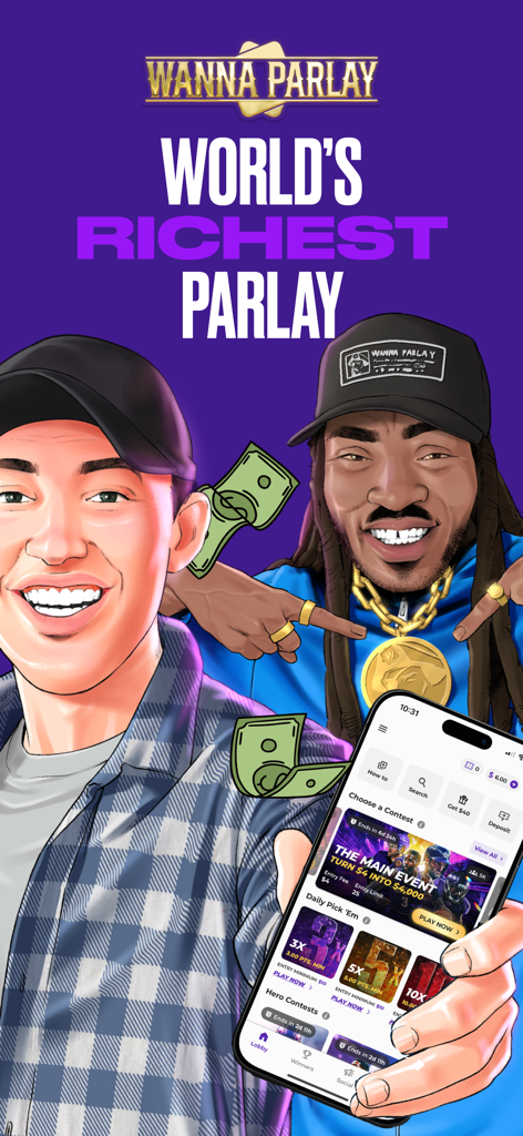 Wanna Parlay - Fantasy Sports - Two young men celebrating sports betting wins on the Wanna Parlay app with flying money