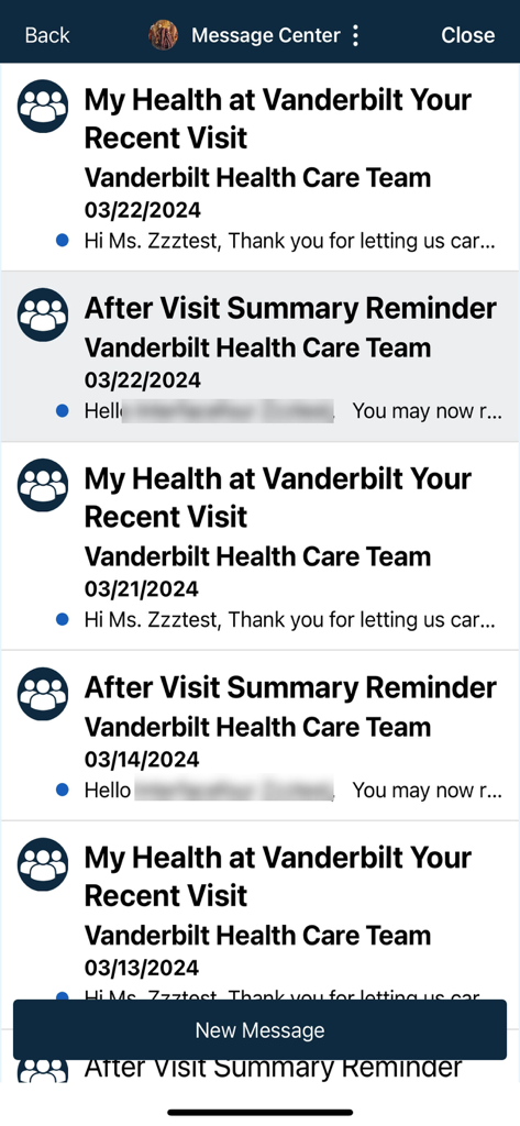 The Message Center screen of the My Health at Vanderbilt app showing a list of recent visit summaries and medical notifications.
