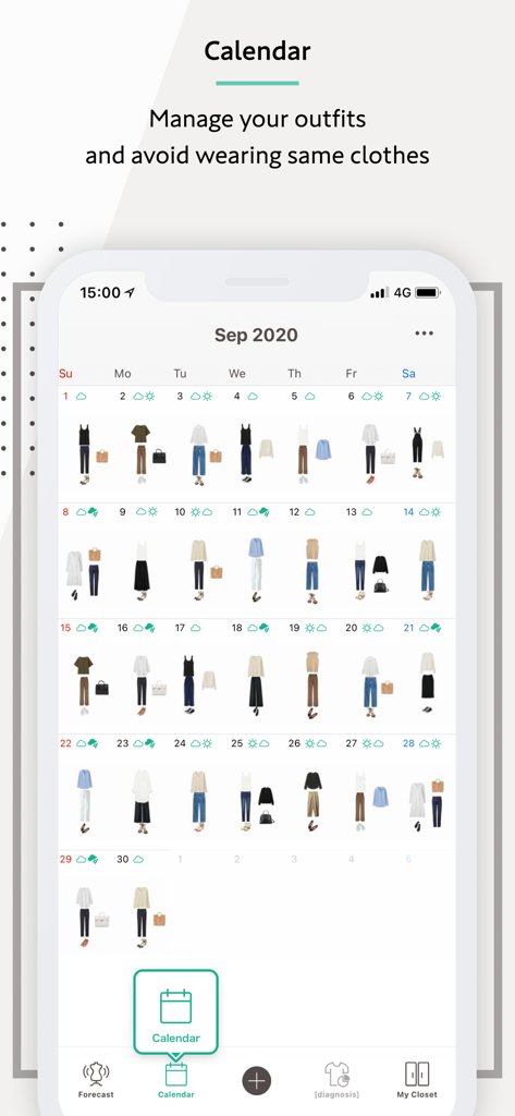 Digital outfit calendar showing planned daily fashion combinations and weather icons for outfit coordination.