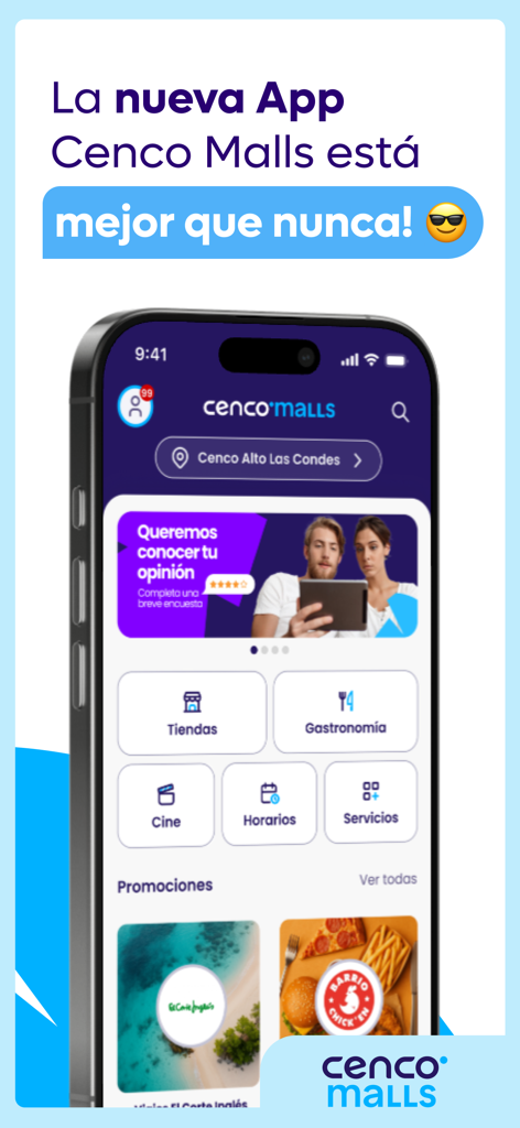 쇼핑 및 식사 카테고리를 보여주는 아이폰의 Cenco Malls 앱 인터페이스