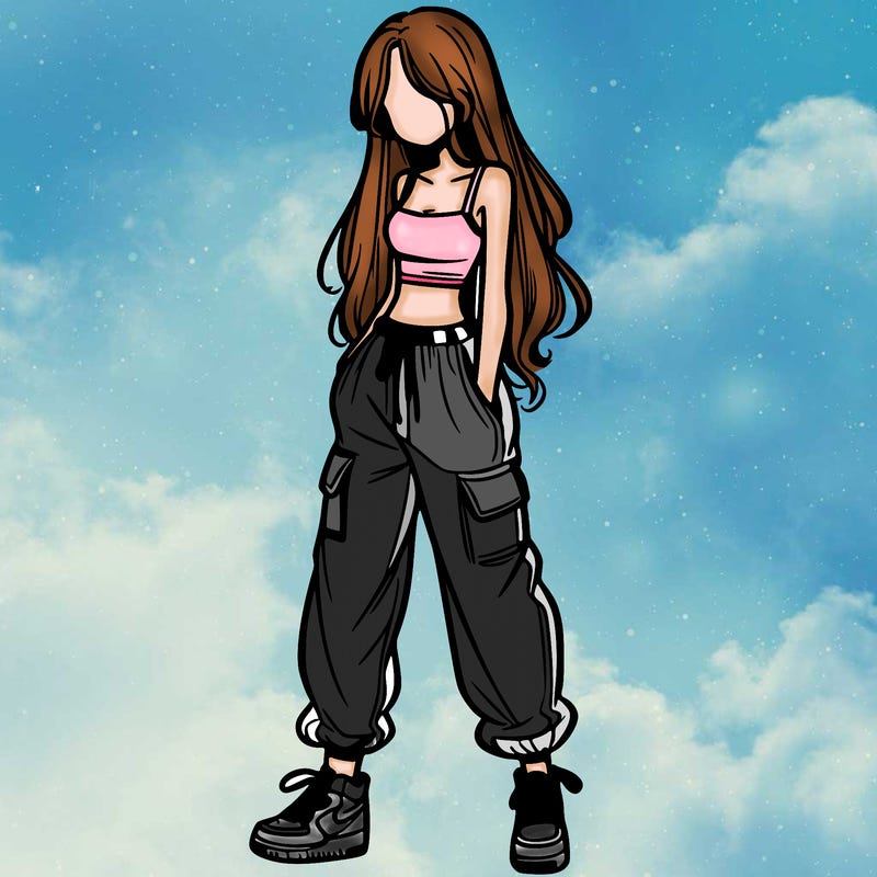 girl in baggy pants crop top and long hair