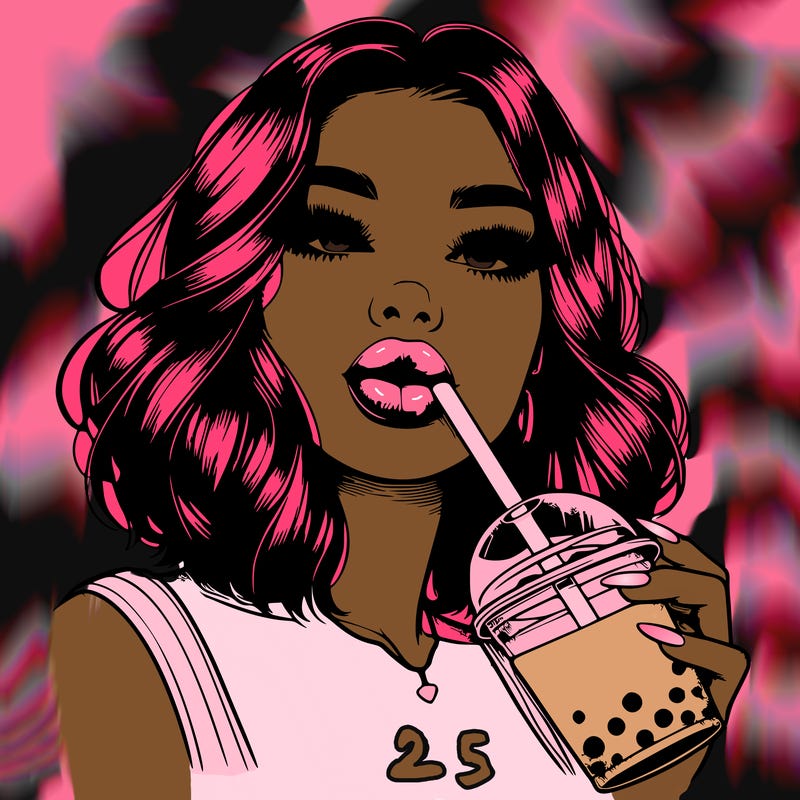 realistic girl with glossy lips holding boba