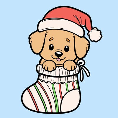 cute puppy wearing santa hat in socking