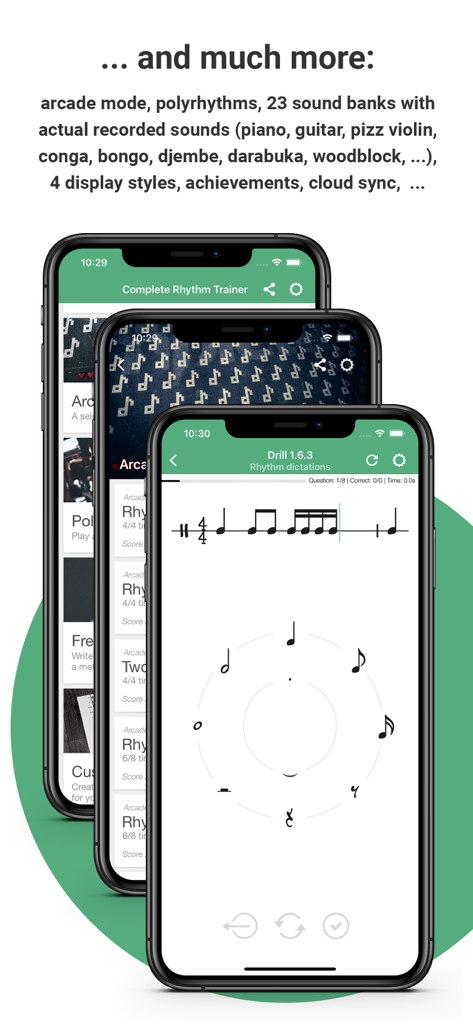 Mobile screens of Complete Rhythm Trainer showing rhythm dictation and music training features