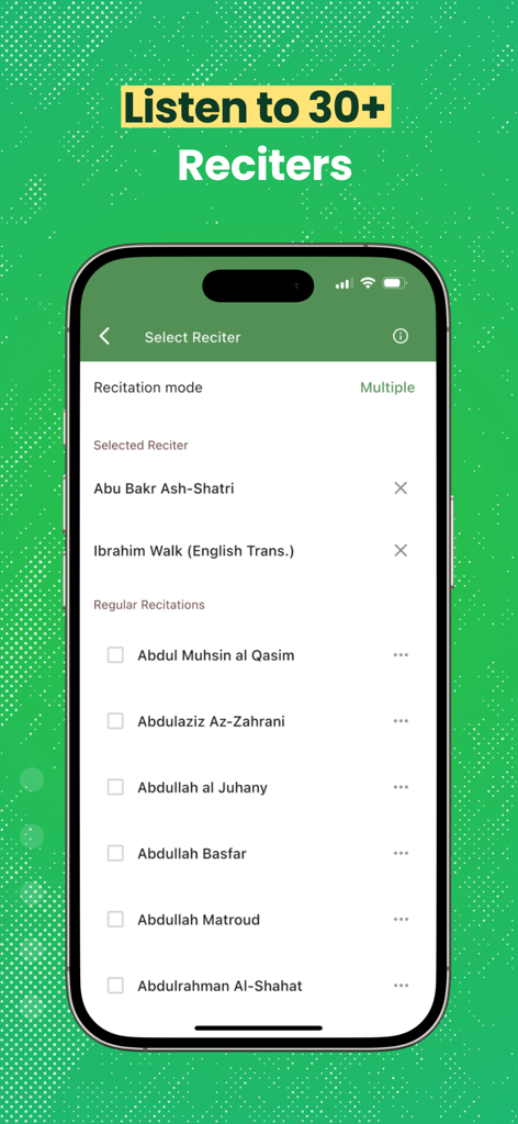 An iPhone screen showing a list of over thirty Quran reciters available for selection in the Al Quran app