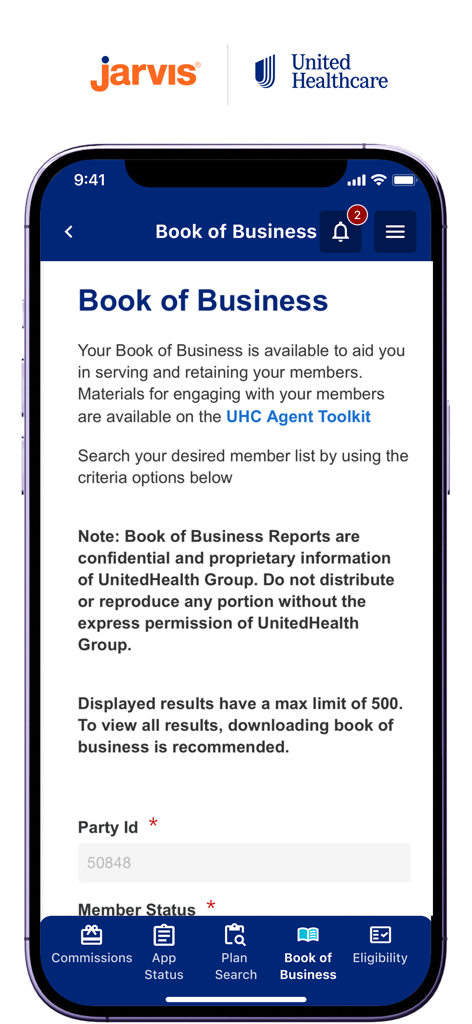 Jarvis UnitedHealthcare mobile app Book of Business screen for insurance agents
