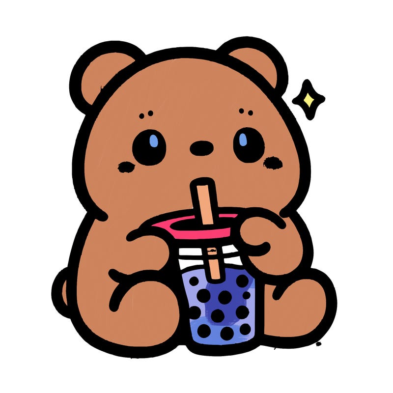 a cute bear drinking boba