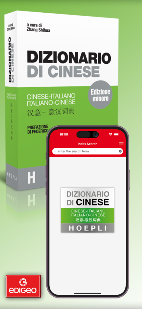 Un iPhone affichant l'interface de recherche du dictionnaire chinois italien Hoepli à côté du livre physique