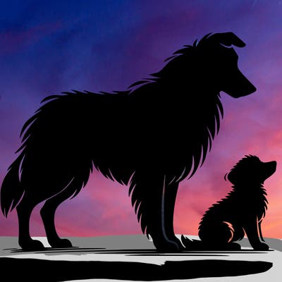 silhouette of a shepherd with his still and baby dog