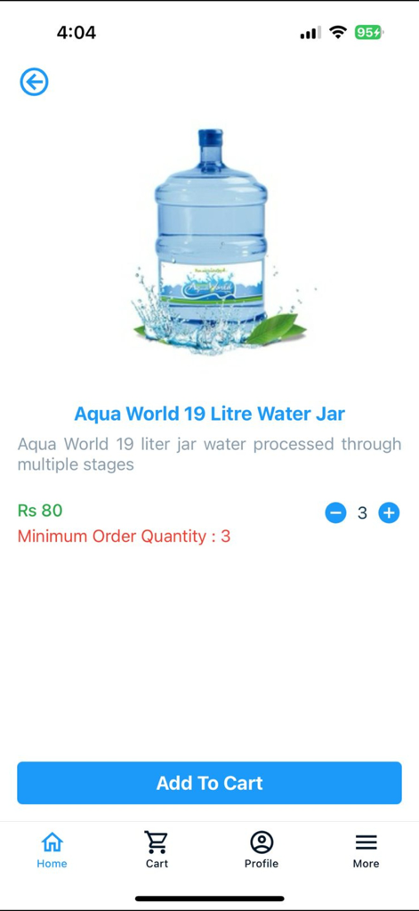 Aqua World - Aqua World app interface for ordering a 19 liter water jar with an add to cart button