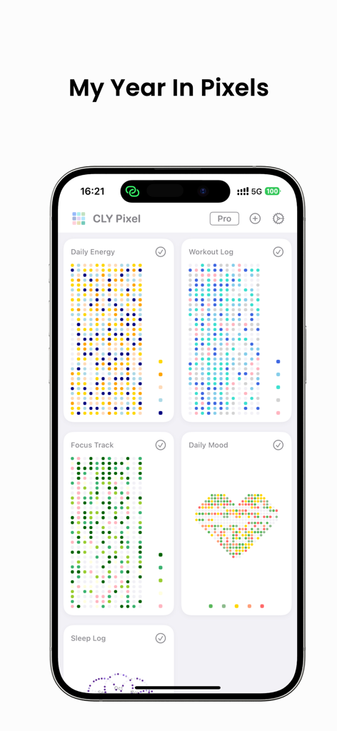 My Year in Pixels - CLY Pixel - Dashboard view of CLY Pixel app featuring multiple pixel-based habit and mood trackers