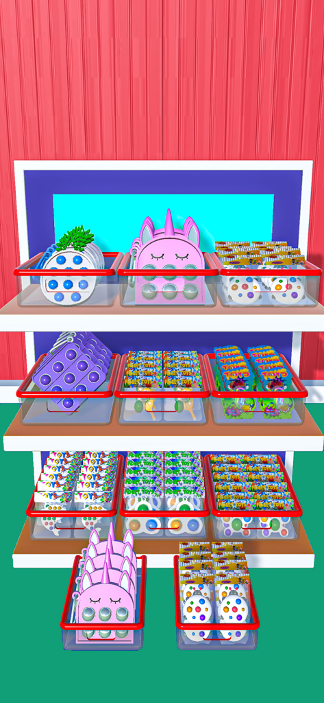 Restock & Refill Master! - Neatly organized shelves featuring colorful fidget toys and pink unicorn bags in clear storage bins.