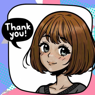 manga woman with short hair saying thank you in a chat bubble