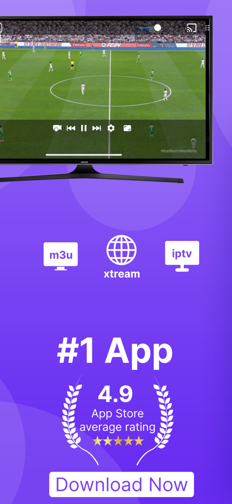 IPTV MEGA Smarters Pro app interface showing live soccer on a TV with a 4.9 star rating